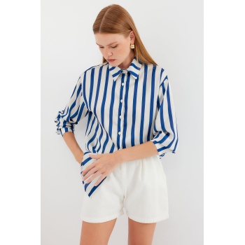 3964 Hafif Dökümlü Saten Gömlek - B.Lacivert