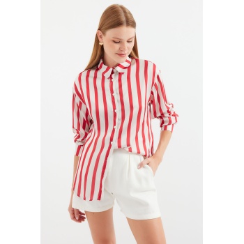 3964 Hafif Dökümlü Saten Gömlek - A.Kırmızı