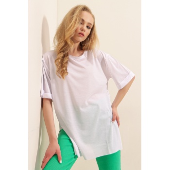 4123 Yırtmaçlı Oversize Tişört - Beyaz