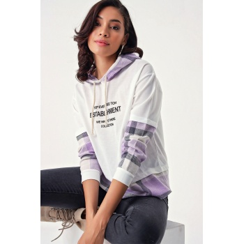 4245 Ekose Detaylı Kapşonlu Sweatshirt - Beyaz