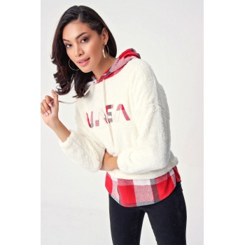 4248 Ekose Desen Peluş Sweat - Beyaz