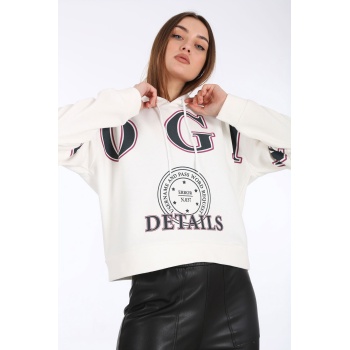 4258 Kapşonlu Önü Baskılı Sweat - Beyaz