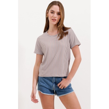 4313 Çizgili Basic Tişört - Kahverengi