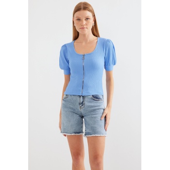 4316 Fermuarlı Örme Bluz - Mavi