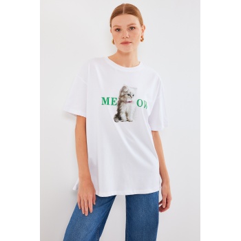 4319 Baskılı Oversize Tişört - Beyaz