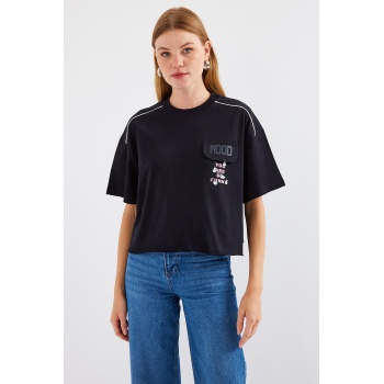 4321 Cep Detaylı Oversize Tişört - Siyah