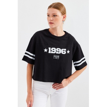 4322 Baskılı Oversize Basic Tişört - Siyah