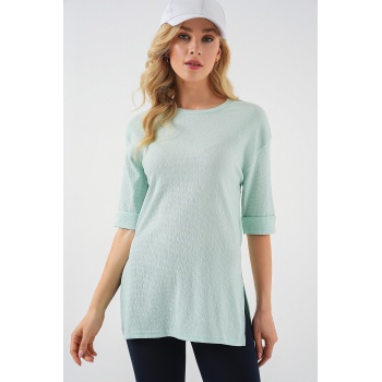 4332 Yanı Yırtmaçlı Örme Tişört - Mint