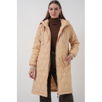 5138 Kapitone Uzun Şişme Mont - Bej