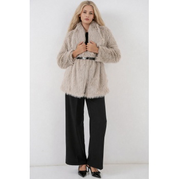 5186 Kruvaze Peluş Kürk Kaban - Krem