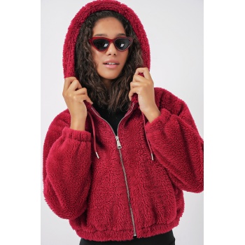 5193 Kapüşonlu Peluş Crop Ceket - Bordo