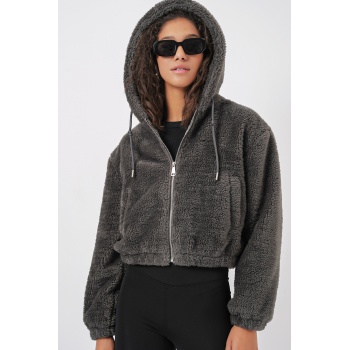 5193 Kapüşonlu Peluş Crop Ceket - Antrasit