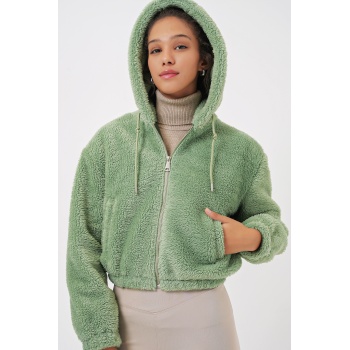 5193 Kapüşonlu Peluş Crop Ceket - E.Yeşil