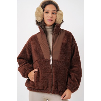 5194 Kadın Peluş Mont Ceket - Kahverengi