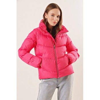 5205 Dik Yaka Fermuarlı Şişme Mont - Fuşya