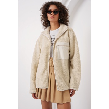 55446 Fermuarlı Oversize Peluş Ceket - Krem