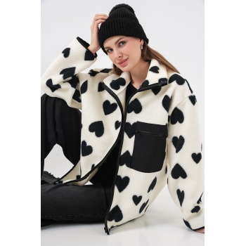 55446 Fermuarlı Oversize Peluş Ceket Mont - A.Beyaz