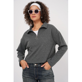 55449 Fermuarlı Yaka Örme Sweatshirt - Antrasit