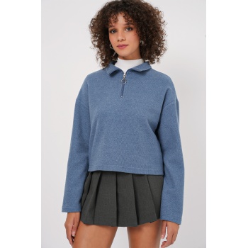 55449 Fermuarlı Yaka Örme Sweatshirt - İndigo