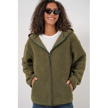 55456 Kadın Kapüşonlu Oversize Peluş Ceket - Haki