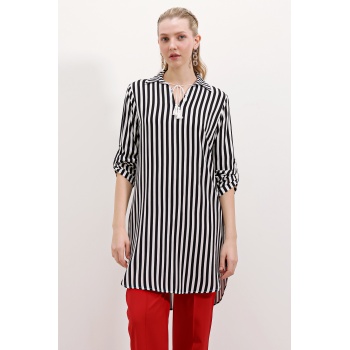 5613 Yaka Bağcıklı Çizgili Tunik - Siyah