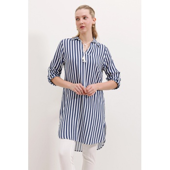 5613 Yaka Bağcıklı Çizgili Tunik - Mavi