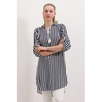 5613 Yaka Bağcıklı Çizgili Tunik - Lacivert