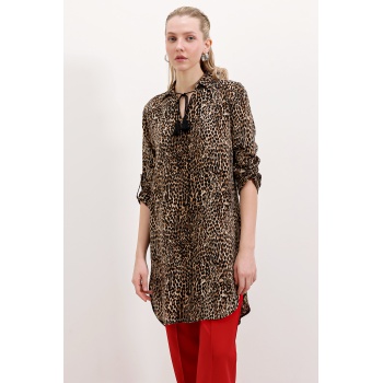 5613 Yaka Bağcıklı Çizgili Tunik - A.Kahve