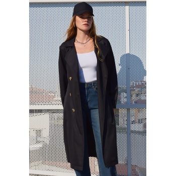 5853 Kruvaze Yaka Trençkot - Siyah