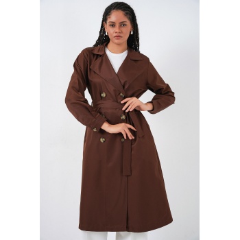 5853 Kruvaze Yaka Trençkot - Kahverengi