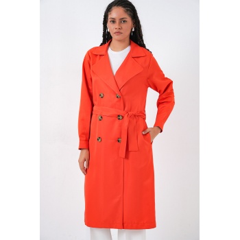 5853 Kruvaze Yaka Trençkot - Turuncu