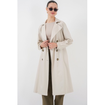 5853 Kruvaze Yaka Arkası Baskılı Trençkot - A.Bej