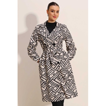 5853 Desenli Kruvaze Yaka Trençkot - C.Beyaz