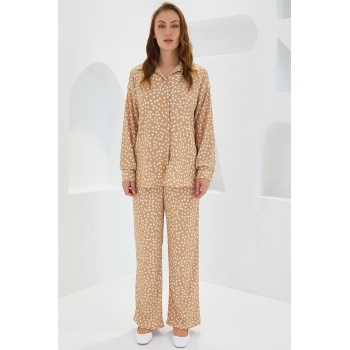 Kadın Puantiyeli Bej Ekru Örme İkili Takım 5858