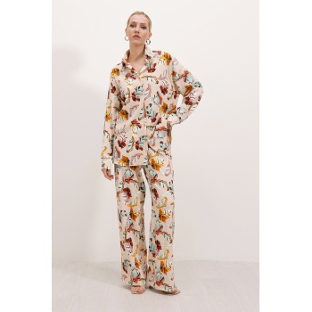 Kadın Krem Desenli Örme İkili Takım 5858