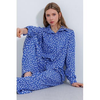 Kadın Puantiyeli İndigo Ekru Örme İkili Takım 5858