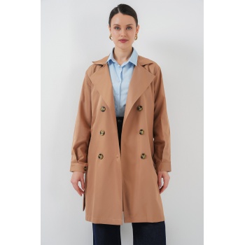 5864 Kruvaze Yaka Kısa Trençkot - Taba