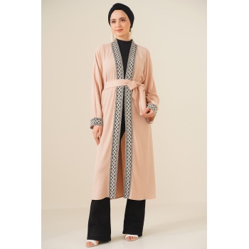 5865 Nakışlı Örme Uzun Kimono - Bisküvi
