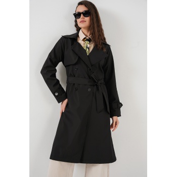5918 Kruvaze Yaka Trençkot - Siyah
