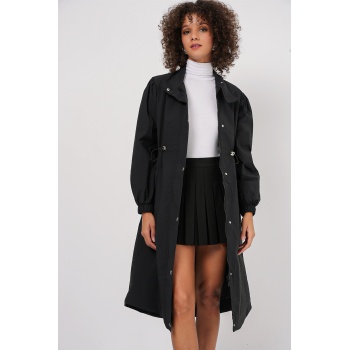 5939 Astarlı Uzun Trençkot - Siyah