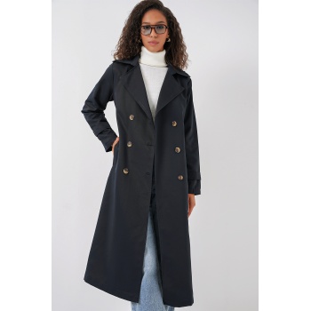 5940 Kadın Kruvaze Yaka Uzun Trençkot - Lacivert