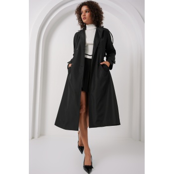 5941 Kruvaze Yaka Uzun Trençkot - Siyah