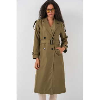5941 Kruvaze Yaka Uzun Trençkot - Haki