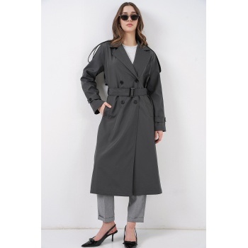 5941 Kruvaze Yaka Uzun Trençkot - Antrasit