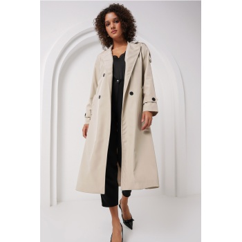 5941 Kruvaze Yaka Uzun Trençkot - Taş