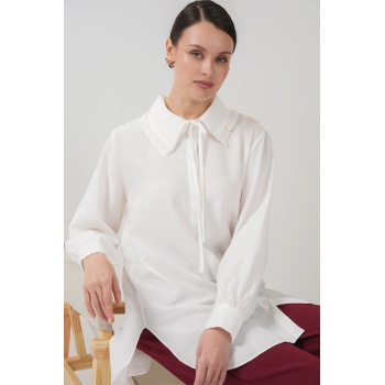 Fırfırlı Uzun Gömlek Tunik 5952 - Beyaz