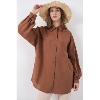 Kadın Uzun Oversize Gömlek 5965 - Sütlü Kahve