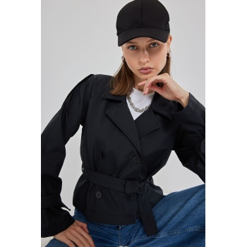 Kadın Kemerli Kısa Trençkot 5970 - Siyah