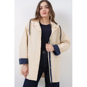 Kadın Teknik Kumaş Kapüşonlu Trençkot 5972 - Ekru
