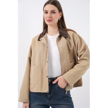 Kadın Cep Detaylı Kısa Ceket 5975 - Bisküvi